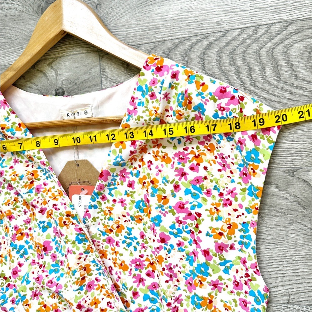 Kori Sage Combo Dress‎ Mini Elastic Shirring V-Neck Sleeveless Lined Floral - Picture 5 of 16